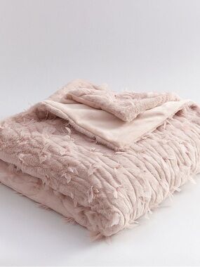 LoveShackFancy Feather-Trim Plush Throw in Blush Pink
